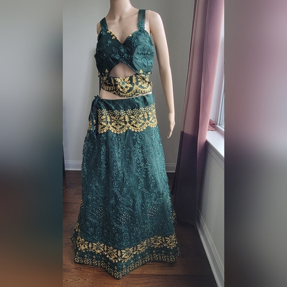 Other - Embroidered Net Lehenga in Dark Green with golden border size: 36